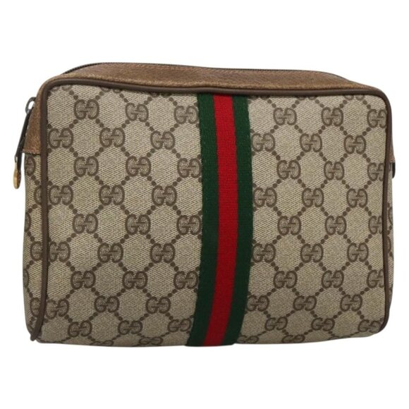 GUCCI GG Supreme Web Sherry Line Clutch Bag PVC Beige Gold 63 01 012 Auth BA4011 - Picture 1 of 16